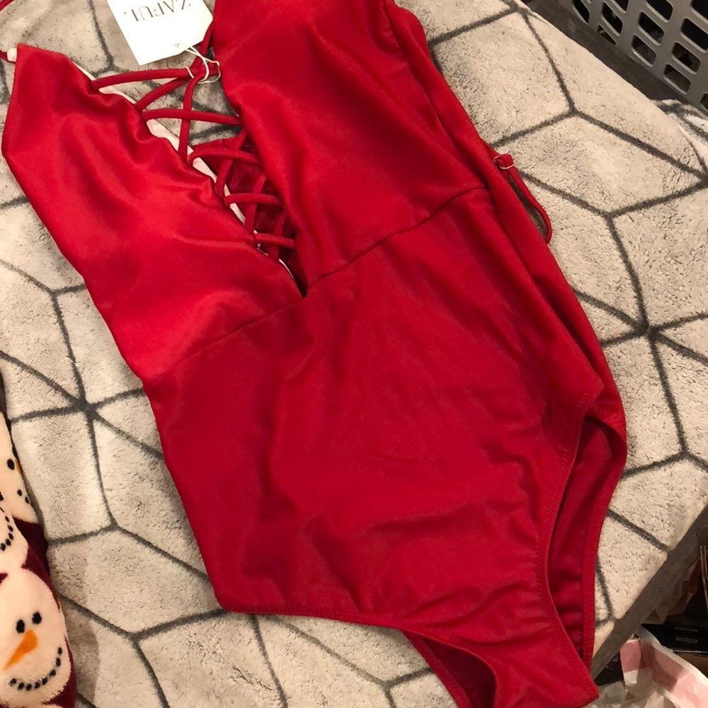 Red one piece bathing suit